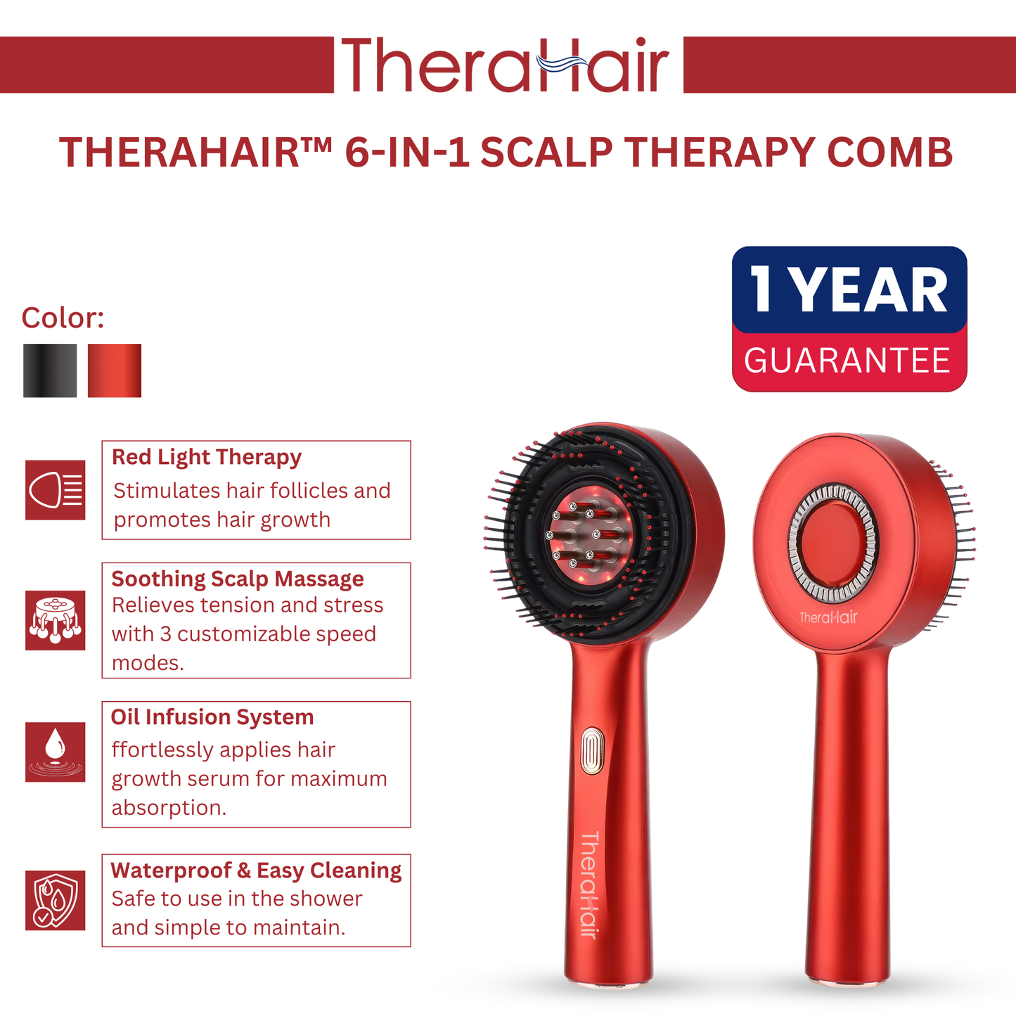 TheraHair™ 6-in-1 Scalp Therapy Comb – Red Light, Massage & Serum Infuser